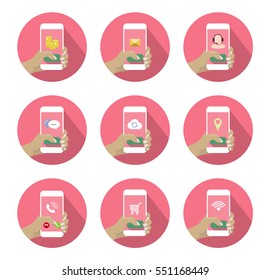 Round Mobile Icons Set with hand holding smartphone