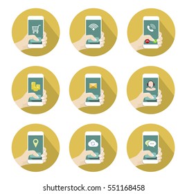 Round Mobile Icons Set with hand holding smartphone