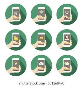 Round Mobile Icons Set with hand holding smartphone