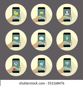 Round Mobile Icons Set with hand holding smartphone