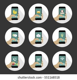 Round Mobile Icons Set with hand holding smartphone