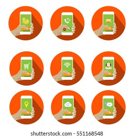 Round Mobile Icons Set with hand holding smartphone
