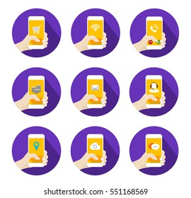 Round Mobile Icons Set with hand holding smartphone