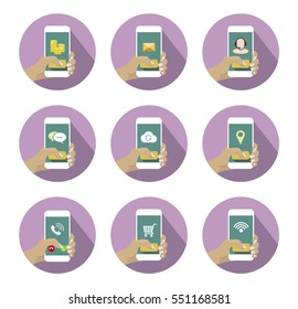Round Mobile Icons Set with hand holding smartphone