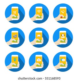Round Mobile Icons Set with hand holding smartphone