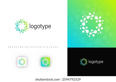 Round molecular logo forming circular fusion dots structure, symbolizing science, innovation, connectivity. Ideal for biotech firms, AI research, digital startups. Modern vector logo