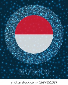 Round Monaco badge. Flag of Monaco in glowing network mesh style. Country network logo. Astonishing vector illustration.