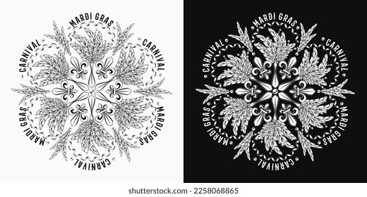 Round monochrome carnival Mardi Gras pattern with fleur de lis symbol, streamer, ribbons, feathers, beads, text like mandala. For prints, clothing, t shirt, plate, surface design. Vintage style