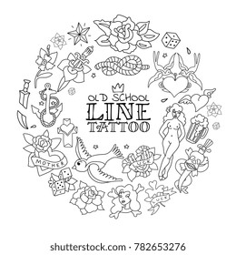 Round monochrome design concept with outlines of tattoo icons in old school style hand drawn vector illustration  