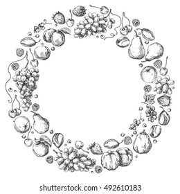 Round monochrome frame of different fruits. Hand drawn sketch of apple, pear, grape, quince, plum, apricot, cherry and berries.