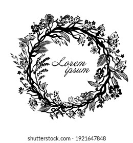 round monochrome frame made of twigs. Vector illustration