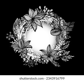 Round monochrome graphic frame with flowers. Vector illustration