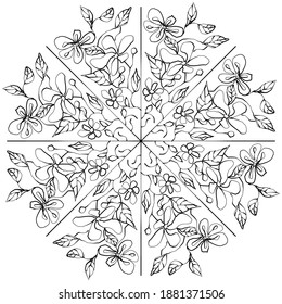 Round monochrome pattern of abstract flowers and leaves.