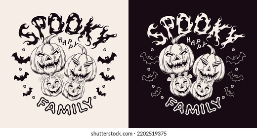 Round Monochrome Vintage Emblem With Text Spooky Family, Silhouette Of Bat, Pumpkin Head Stylized As A Human Faces. Concept Of Happy Family Celebration. Illustration On A Black, White Background.