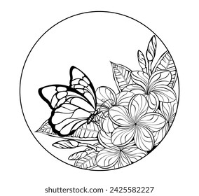 Round monogram with an artistically drawn, contoured butterfly sitting on blooming, exotic plumeria. Contour plumeria.