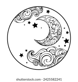 Round monogram with an artistically drawn crescent moon, clouds and stars on white background. Patterned crescent.