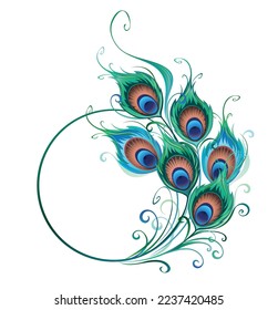 Round monogram with artistically drawn, green and blue peacock feathers on white background. Peacock feather.