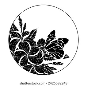 Round monogram with an artistically drawn, silhouette butterfly sitting on blooming, exotic plumeria. Silhouette plumeria.