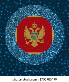 Round Montenegro badge. Flag of Montenegro in glowing network mesh style. Country network logo. Elegant vector illustration.