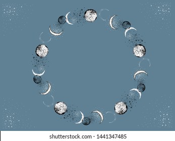 Round Moon Phases And Stars Wreath, Crescent Half Moons, Isolated Vector Drawing In Vintage Style