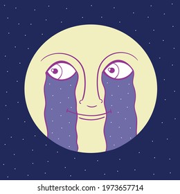 round moon smiles and cries. magic illustration