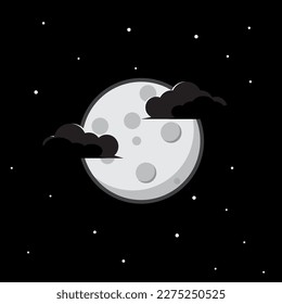round moon with stars and black cloud on black background, vector logo icon