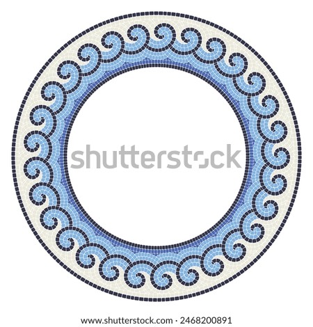 Round mosaic frame with sea waves, circle in portuguese style with decorative wavy curls, greek ornament, vector