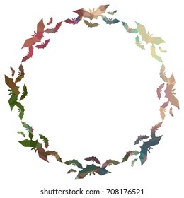 Round mosaic frame with silhouettes of flying bats. Original background for greeting cards, invitations, prints. Vector clip art.