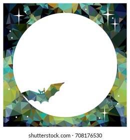Round mosaic frame with silhouettes of flying bats. Original background for greeting cards, invitations, prints. Vector clip art.