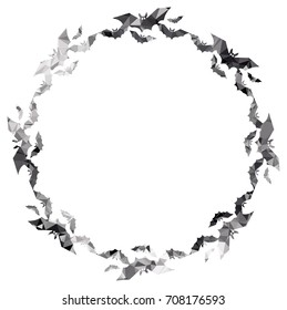 Round mosaic frame with silhouettes of flying bats. Original background for greeting cards, invitations, prints. Vector clip art.