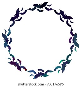 Round mosaic frame with silhouettes of flying bats. Original background for greeting cards, invitations, prints. Vector clip art.