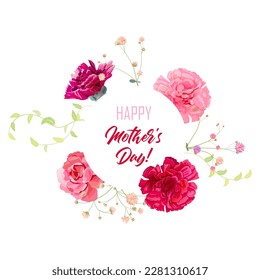 Round Mother's Day card with carnation: pink, red flowers, gypsophile twigs, square white background. Template for design, realistic botanical illustration in watercolor style, vector