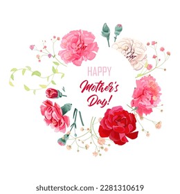 Tarjeta redonda del Día de la Madre con clavel: flores blancas, rosas, rojas, ramas gitófilas, fondo blanco cuadrado. Plantilla para diseño, ilustración botánica realista en estilo acuarela, vector