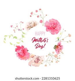 Round Mother's Day card with carnation: white, pink flowers, gypsophile twigs, square white background. Template for design, realistic botanical illustration in watercolor style, vector