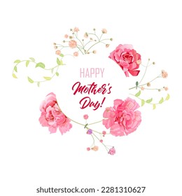 Round Mother's Day card with carnation: white, pink flowers, gypsophile twigs, square white background. Template for design, realistic botanical illustration in watercolor style, vector