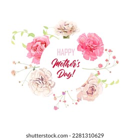 Tarjeta redonda del Día de la Madre con clavel: flores blancas, rosas, ramas gitófilas, fondo blanco cuadrado. Plantilla para diseño, ilustración botánica realista en estilo acuarela, vector