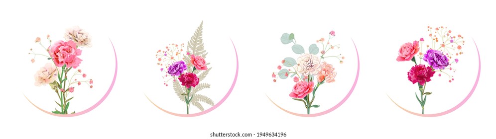 Round Mother's Day, Victory Day card with carnation: red, pink, flowers, twigs gypsophile, white background. Templates for design, vintage botanical illustration in watercolor style, vector