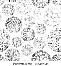 Round motif ornament in vintage style. Cloth texture imitation. Seamless pattern. Vector illustration