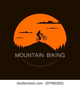 Round mountain bike logo design with extreme cyclist on top of a hill. Mtb, freeride, downhill, enduro badge. Vector template.