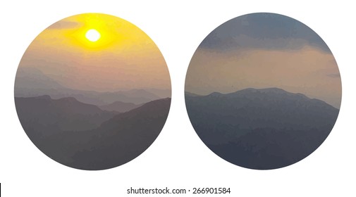 Round mountains sunrise watercolors painting. Vector illustrations 