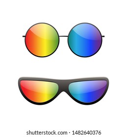 Round multicolor sunglasses 3D set. Summer sunglass shade isolated white background. Color sun glass. Realistic design eye sight protection. Fashion eyeglasses. Beach accessory Vector illustration
