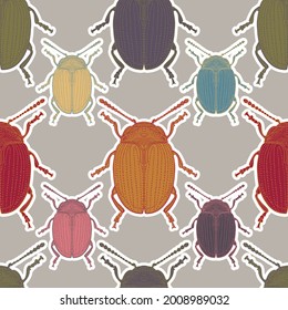 Round multicolored beetles on a gray background. Image of abstract insects. Seamless pattern.