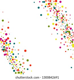 Round multicolored confetti on a white background. Flying blue, pink, green, red circles. Festive background.