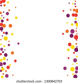 Round multicolored confetti on a white background. Flying red, pink, yellow, purple circles.