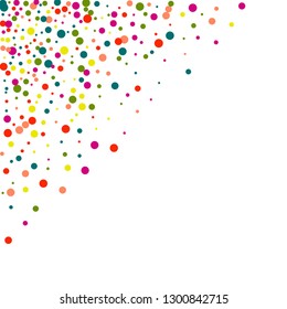 Round multicolored confetti on a white background. Flying blue, pink, green, red circles. Festive background.