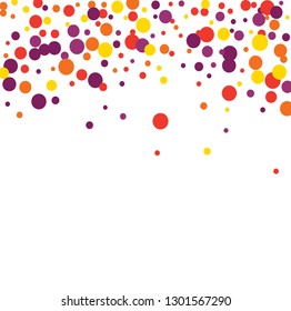 Round multicolored confetti on a white background. Flying red, pink, yellow, purple circles.