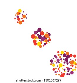 Round multicolored confetti on a white background. Flying red, pink, yellow, purple circles.