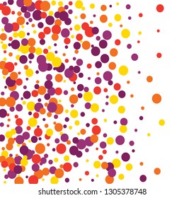 Round multicolored confetti on a white background. Flying red, pink, yellow, purple circles.