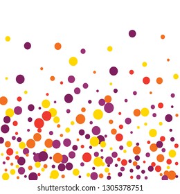 Round multicolored confetti on a white background. Flying red, pink, yellow, purple circles.
