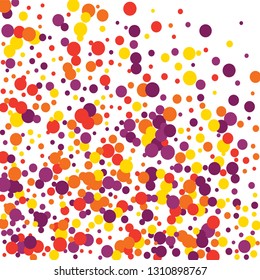 Round multicolored confetti on a white background. Flying red, pink, yellow, purple circles.